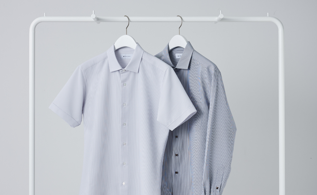 COOLMAX STRETCH SEERSUCKER ネイビーストライプ半袖シャツ | FABRIC TOKYO