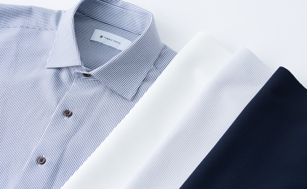 COOLMAX STRETCH SEERSUCKER ネイビーストライプ半袖シャツ | FABRIC TOKYO