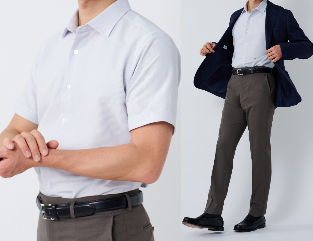 COOLMAX STRETCH SEERSUCKER ネイビーストライプ半袖シャツ | FABRIC TOKYO